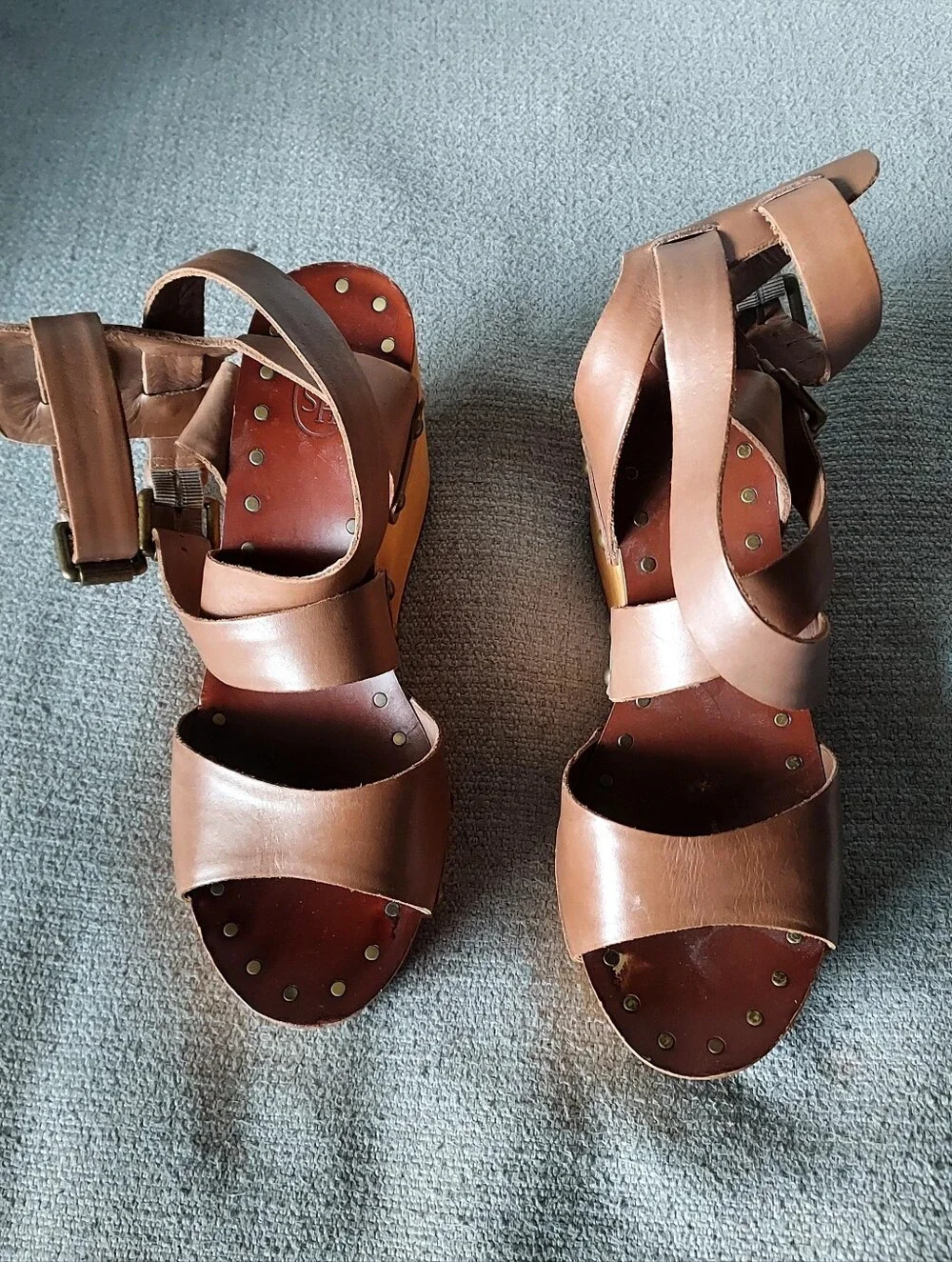 ASH Brown Leather Wooded Platform Wedge Sandals Sz 39/8.5-9